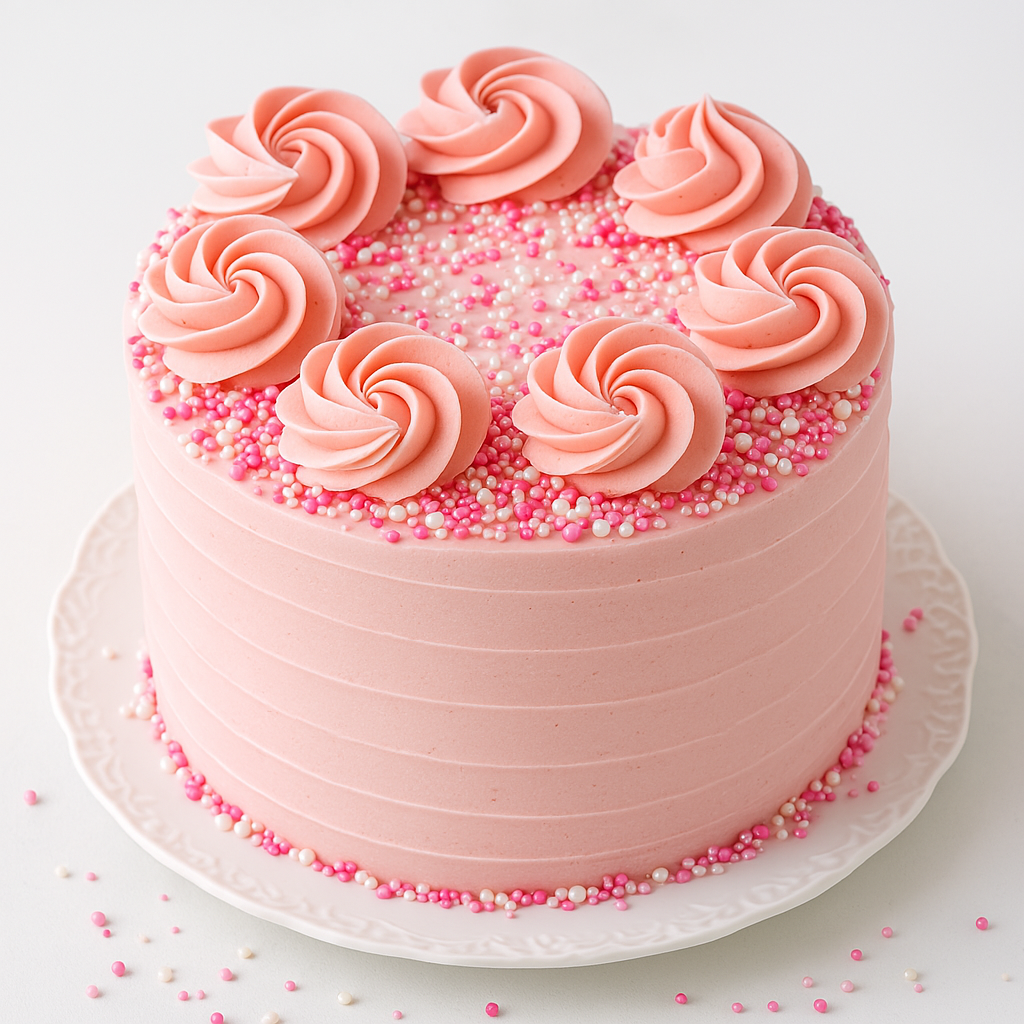 Rosa Torte mit Buttercreme-Rosen und Zuckerperlen auf weißem Teller – perfekte Dekoration für Geburtstage oder festliche Anlässe