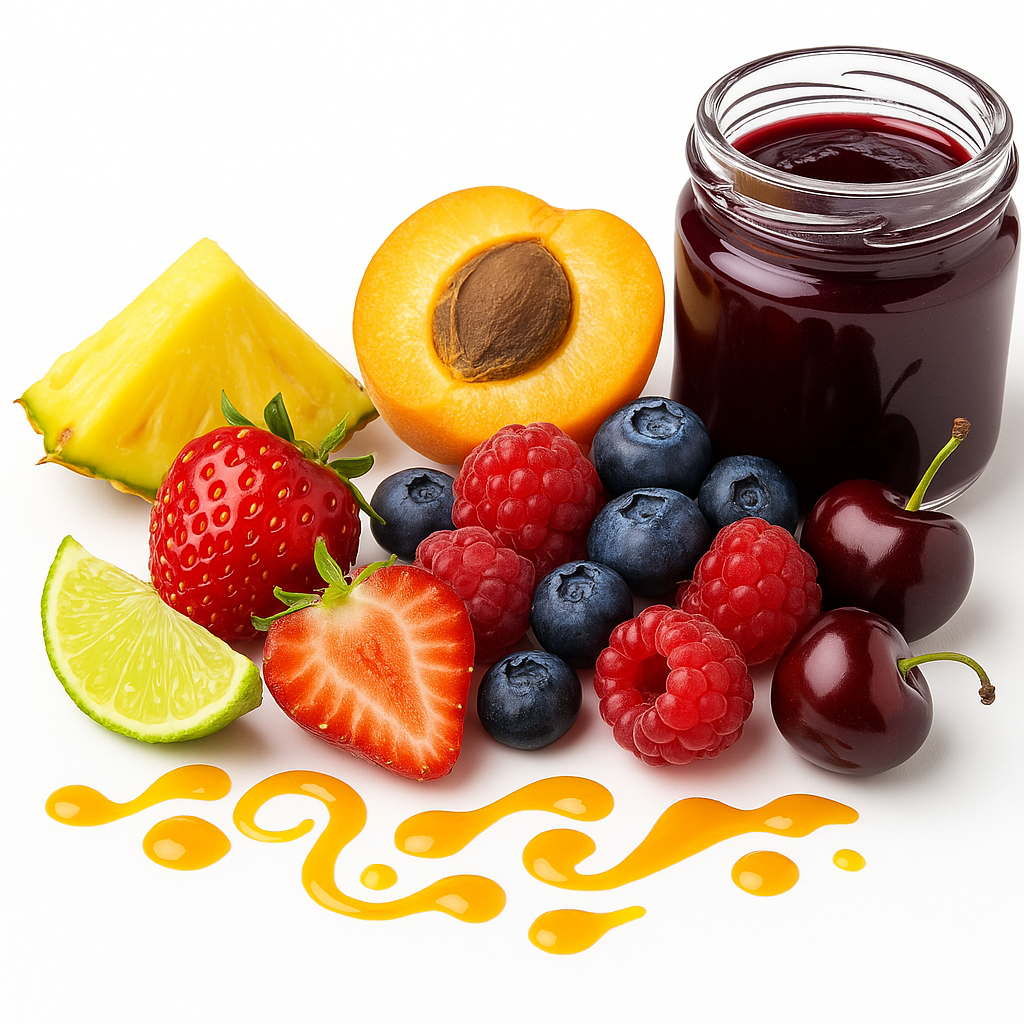 Auswahl an Aromen für die Patisserie – Fruchtpulver, Aromaöl und Aromapaste auf heller Fläche, ideal für Torten, Desserts und Gebäck