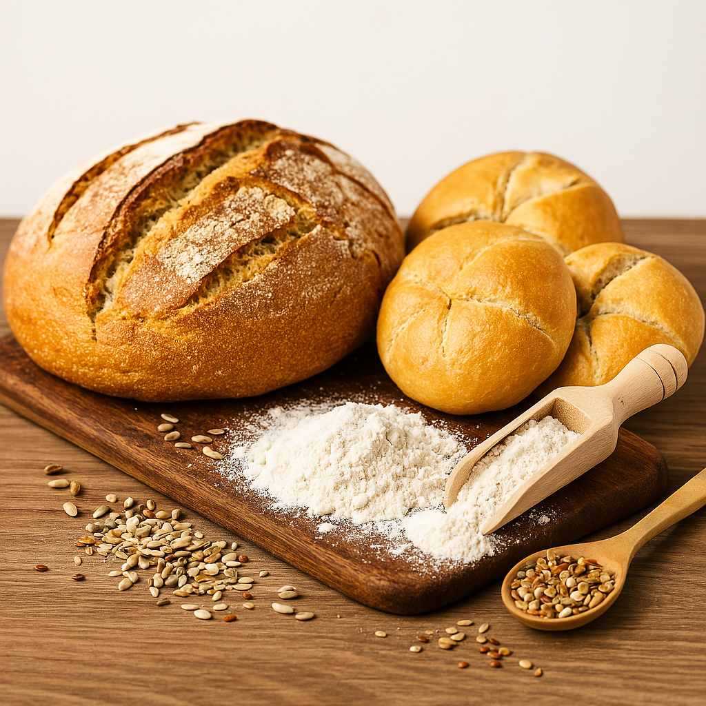 Frisch gebackenes Brot und Brötchen auf einem Holzbrett mit Mehl und Körnern – ideal für die Kategorie Brot & Brötchen im Onlineshop